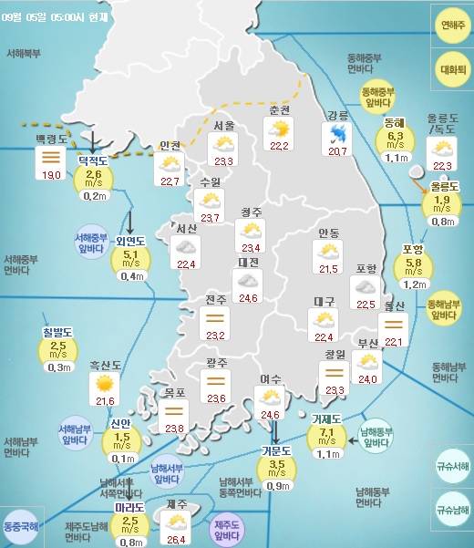 ▲5일 기상청은 전국에 구름 많은 가운데 곳에 따라 소나기가 내리겠다고 밝혔다.(사진출처=기상청 홈페이지 캡처)