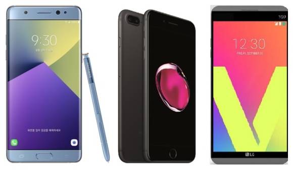 사진 왼쪽부터 갤럭시노트7, 아이폰7, V20