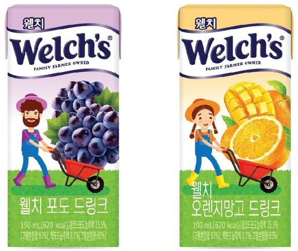 농심이 출시한 ‘웰치 포도’와 ‘웰치 오렌지망고’ 드링크 2종. 사진제공=농심