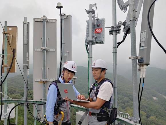▲KT는 8월 29일자로 전국에 5G 기지국 6만 개 개통을 완료하고 85개시 동 지역까지 5G 서비스를 제공한다고 밝혔다. 사진은 KT 네트워크부문 직원들이 대구 팔공산에 5G 기지국을 설치하고 품질을 점검하는 모습 / 사진=KT