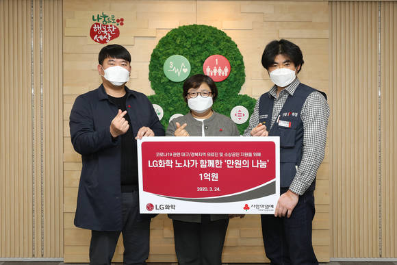 ▲지난 24일 LG화학 노사 대표자들과 사회복지공동모금회 관계자가 '만원의 나눔' 성금 전달식 기념촬영을 하고 있다. (사진제공=LG화학)