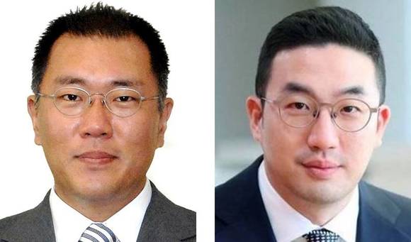▲정의선 현대차그룹 수석부회장(왼쪽)과 구광모 LG그룹 회장