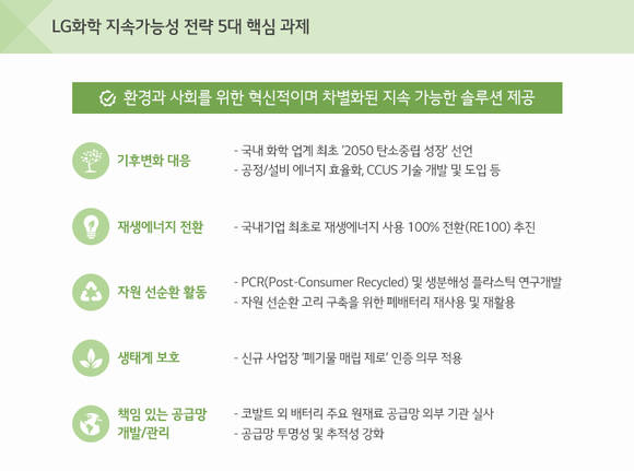 ▲LG화학의 지속가능성 전략 5대 핵심과제 / 자료=LG화학