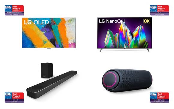 ▲EISA 어워드를 수상한 LG전자 제품들. (왼쪽 위부터 시계방향으로) LG 올레드 갤러리 TV, LG 나노셀 8K TV, LG 엑스붐 고 스피커, LG 사운드 바 / 사진=LG전자