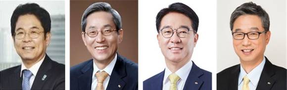 ▲KB금융지주 회장후보추천위원회가 28일 회장 최종 후보자군으로 확정한 김병호 전 하나금융그룹 부회장(왼쪽부터), 윤종규 KB금융 회장, 이동철 KB국민카드 사장, 허인 KB국민은행장 / 사진=KB금융지주