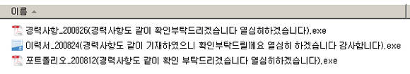 ▲채용 관련 문서파일로 위장한 악성 실행파일 / 사진=안랩