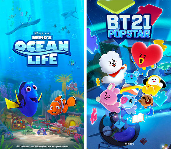 ▲선데이토즈가 호평 속에 CBT를 완료한 ‘니모의 오션라이프’(왼쪽)와 ‘BT21 팝스타’ / 사진=선데이토즈