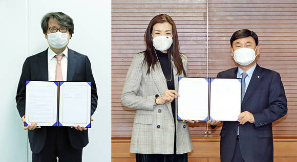 ▲(왼쪽부터) 이재석 카페24 대표, 조현민 ㈜한진 마케팅 총괄 전무, 노삼석 ㈜한진 대표가 ‘글로벌 전자상거래 물류 활성화’ 업무협약을 체결한 뒤 기념촬영을 하고 있다. / 사진=카페24