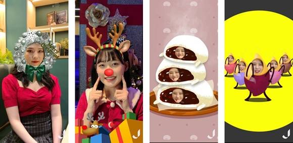 ▲‘점프 AR 크리스마스 콘텐츠’를 이용한 셀피. (왼쪽부터) 크리스마스 장식, 루돌프, 호빵, 고구마 / 사진=SK텔레콤
