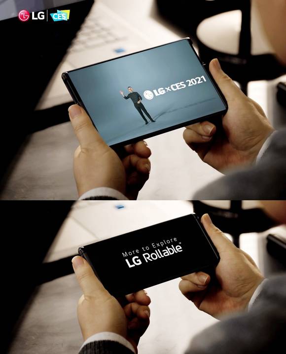 ▲LG전자의 차세대 전략 스마트폰 ‘LG 롤러블’이 엔가젯이 시상하는 CES 2021 최고상에서 최고 모바일 기기로 선정됐다. 사진은 CES 2021 개막 첫 날 진행된 LG전자 프레스 콘퍼런스에서 공개된 LG 롤러블의 모습 / 사진=LG전자