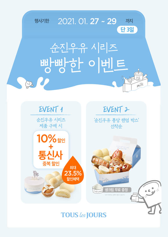 ▲CJ푸드빌 뚜레쥬르는 '순진우유 시리즈' 출시를 기념해 할인 이벤트와 랜덤박스를 선보인다. / 사진=CJ푸드빌