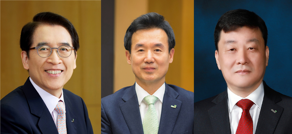 ▲(왼쪽부터) 신창재 대표이사 회장, 윤열현 대표이사 사장, 편정범 대표이사 사장 / 사진=교보생명