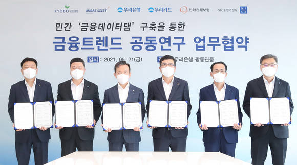 ▲(왼쪽부터) 편정범 교보생명 대표, 권광석 우리은행장, 최현만 미래에셋증권 대표, 강성수 한화손해보험 대표, 김정기 우리카드 대표, 신희부 NICE평가정보 대표가 기념촬영을 하고 있다. / 사진=우리은행