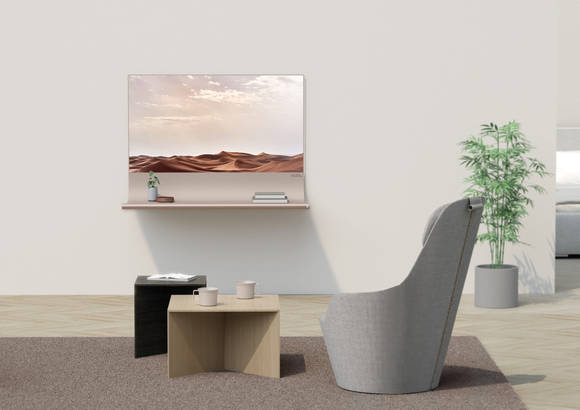 ▲‘OLED 디자인 공모전’에서 1위를 수상한 작품명 ‘Scroll’. 투명 OLED에 선반형 거치대를 결합한 새로운 벽선반 디자인을 제시했다. / 사진=LG디스플레이