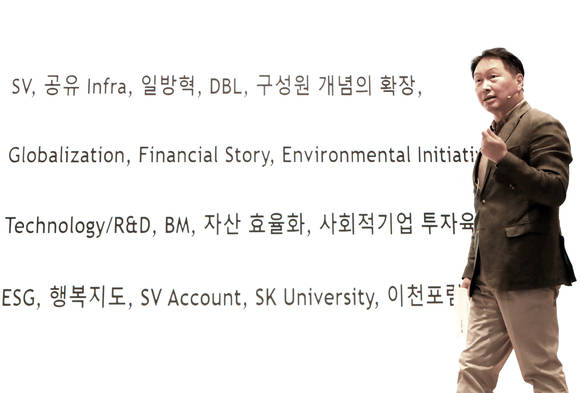 ▲최태원 SK그룹 회장이 22일 경기도 이천 SKMS연구소에서 열린 ‘2021 확대경영회의’에서 마무리 발언을 하고 있다. / 사진=SK