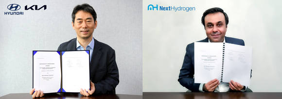 ▲(왼쪽부터) 오재혁 현대차·기아 에너지신사업추진실 상무, 라벨 아프자알 넥스트하이드로젠 CEO가 ‘그린 수소 생산을 위한 수전해 시스템 공동 개발 및 사업화 업무협약(MOU)’을 체결한 뒤 기념촬영을 하고 있다. / 사진=현대차·기아