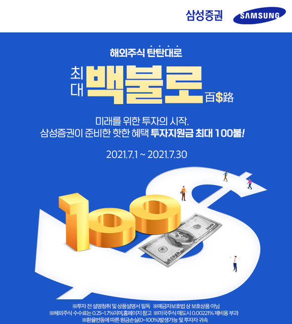 ▲삼성증권이 신규고객 대상 '최대 100달러 투자 지원금 제공 이벤트'를 진행한다. / 사진=삼성증권