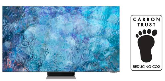 ▲'삼성 Neo QLED 8K' 모델과 '탄소저감인증' 로고 / 사진=삼성전자