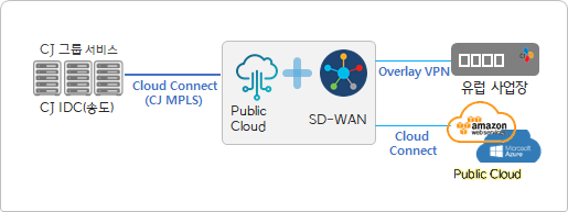 ▲퍼블릭 클라우드와 SD-WAN 결합 기반의 글로벌 통신 거점 구성 방식 / 자료=CJ올리브네트웍스