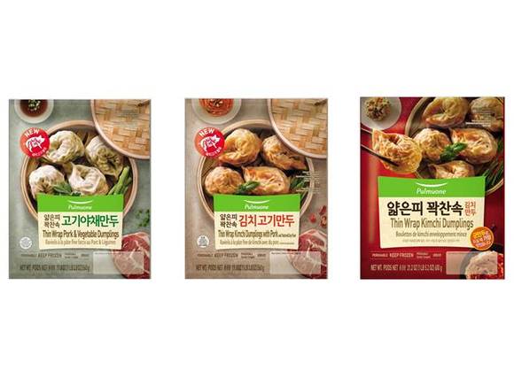 ▲풀무원이 미국에서 판매하는 얇은피 꽉찬속 만두 3종(왼쪽부터 고기야채만두, 김치고기만두, 김치만두) / 사진=풀무원