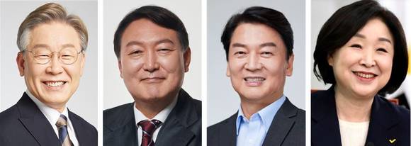 ▲(왼쪽부터) 이재명 더불어민주당 대선 후보, 윤석열 국민의힘 대선 후보, 안철수 국민의당 대선 후보, 심상정 정의당 대선 후보 / 사진=각 당 홈페이지