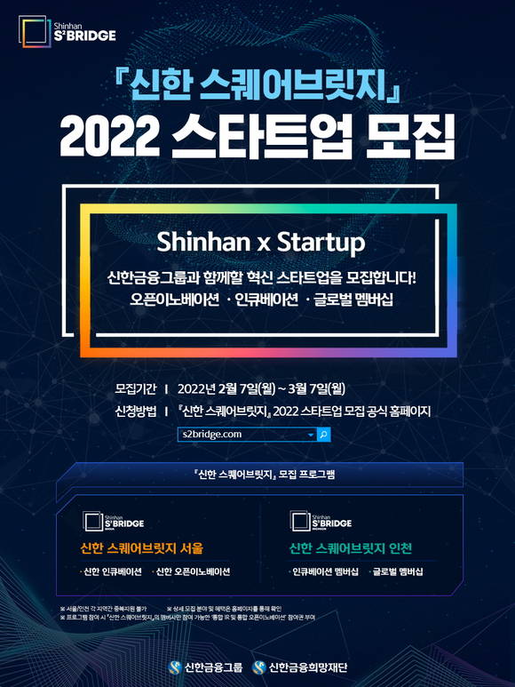 ▲신한금융그룹이 한 달간 그룹의 스타트업 육성 플랫폼인 '신한 스퀘어브릿지'에서 함께 성장할 스타트업을 모집한다. / 사진=신한금융그룹