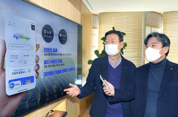 ▲LG유플러스와 농협중앙회가 디지털농업 활성화와 농업인 지원을 위한 업무협약을 체결했다. 비대면으로 진행된 양사간 협약식에서 황현식 LG유플러스 CEO(왼쪽)와 최택진 기업부문장이 ‘NH오늘농사’ 서비스 등 협력내용을 살펴보고 있다. / 사진=LG유플러스