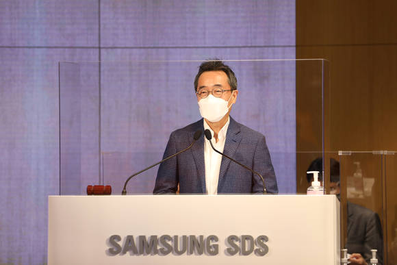 ▲황성우 삼성SDS 대표가 16일 삼성SDS 잠실 캠퍼스에서 개최된 제37기 정기 주주총회에서 인사말을 하고 있다. / 사진=삼성SDS
