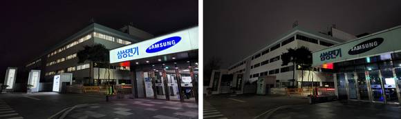 ▲어스아워 캠페인 참여 전과 후의 삼성전기 수원사업장 정문 모습 비교 / 사진=삼성전기