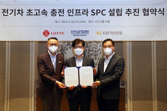 ▲(왼쪽부터) 이동우 롯데지주 대표, 공영운 현대차그룹 사장, 이현승 KB자산운용 대표가 20일 서울 잠실 시그니엘 서울에서 ‘전기차 초고속 충전 인프라 SPC(특수목적법인)’ 설립 추진을 위한 협약을 체결한 뒤 기념촬여을 하고 있다. / 사진=롯데지주