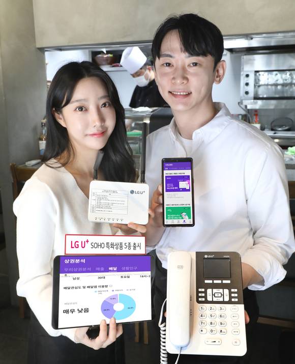 ▲LG유플러스 모델이 ‘우리가게무선인터넷’, 상권분석 서비스, 가게 홍보·마케팅 서비스 등 신규 SOHO 특화상품을 소개하고 있다. / 사진=LG유플러스