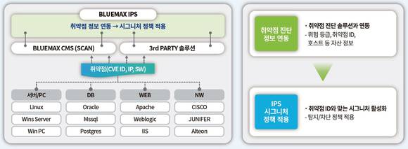 ▲‘블루맥스 IPS’는 자산 취약점 분석으로 고객 맞춤형 보안정책을 수립할 수 있다. / 자료=시큐아이