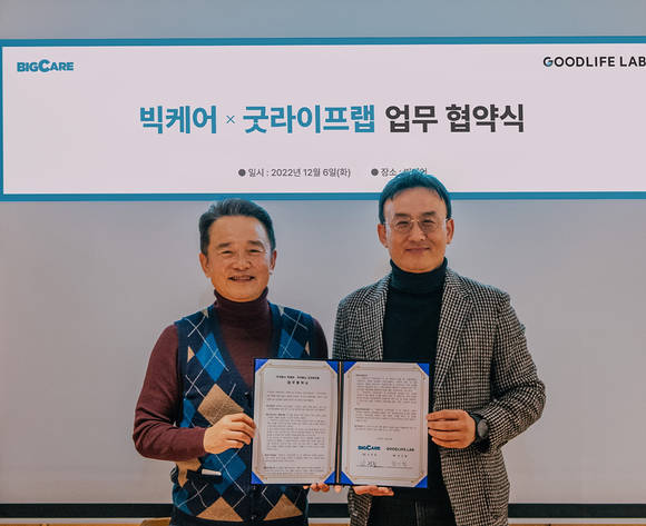 ▲최인철 굿라이프랩 대표(오른쪽)와 남경필 빅케어 대표가 신체건강 데이터와 멘탈웰니스 데이터 기반의 융합연구를 위한 업무협약을 체결한 뒤 기념촬영을 하고 있다. / 사진=굿라이프랩