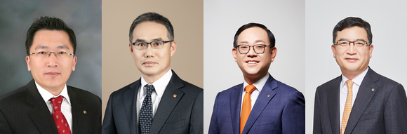 ▲(왼쪽부터) 나채범 한화손해보험 대표, 한두희 한화투자증권 대표, 권희백 한화자산운용 대표, 강성수 한화저축은행 대표 내정자 / 사진=한화그룹
