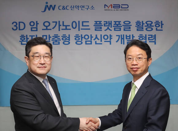 ▲박찬희 C&C신약연구소 대표이사(왼쪽)와 구보성 엠비디 대표이사가 양해각서 체결 후 기념촬영을 하고 있다. / 사진=JW중외제약