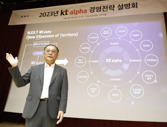 ▲조성수 KT알파 대표가 16일 서울 양천구 목동 KT알파 쇼핑 미디어센터에서 넥스트(N.EX.T) 전략을 발표하고 있다. / 사진=KT알파