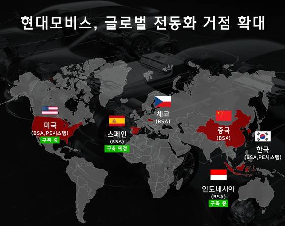 ▲현대모비스 글로벌 전동화 거점 확대 현황 / 사진=현대모비스 현대모비스, 폭스바겐 배터리시스템(BSA) 수주