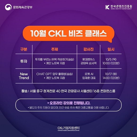 ▲한국콘텐츠진흥원 CKL기업지원센터 10월 비즈클래스 콘진원 CKL기업지원센터, 실습으로 완성하는 ‘10월 비즈클래스’ 교육 일정 오픈