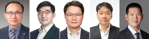 ▲(왼쪽부터) 김성민 GS칼텍스 각자대표, 허철홍 GS엠비즈 대표, 유재영 GS파워 대표, 정용한 GS엔텍 대표, 허윤홍 GS건설 대표 / 사진=GS그룹