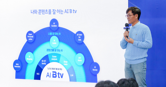 ▲SK브로드밴드는 20일 서울 중구 본사 동반성장홀에서 기자간담회를 열고 B tv 서비스 전반에 AI를 적용해 유료방송 시장을 선도해나갈 것이라고 밝혔다. 김성수 SK브로드밴드 커스토머 사업부장이 인사말을 하고 있다. / 사진=SK브로드밴드 SK브로드밴드, ‘나를 알아보는 AI IPTV 서비스’ 공개