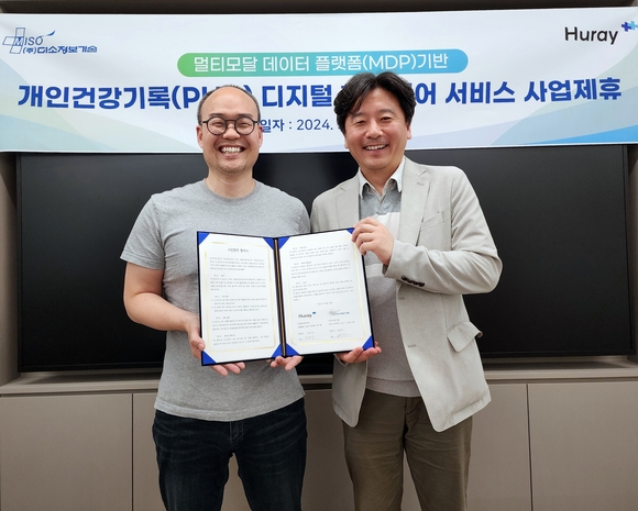 ▲안동욱 미소정보기술 대표(오른쪽)와 최두아 휴레이포지티브 대표가 디지털 헬스케어 사업제휴를 체결한 뒤 기념촬영을 하고 있다. / 사진=미소정보기술 미소정보기술, 휴레이포지티브와 멀티모달 개인건강기록 헬스케어 사업 맞손