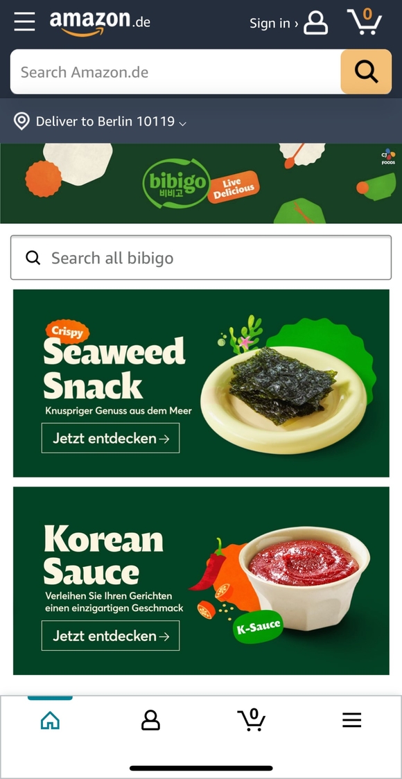 ▲독일 아마존에서 판매중인 비비고 김과 소스 / 사진=CJ제일제당 CJ제일제당, 비비고로 유럽 입맛 잡는다…서유럽 대형 유통채널 입점