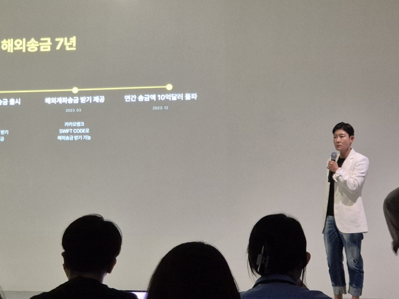 ▲오보현 카카오뱅크 외환캠프 서비스오너가 25일 진행된 달러박스 프레스톡에서 발표를 하고 있다.
