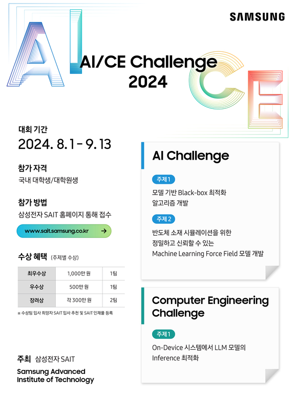 ▲삼성전자 SAIT, ‘인공지능, 컴퓨터공학 챌린지 2024’ 모집 공고 / 사진=삼성전자 삼성전자 SAIT, 인공지능/컴퓨터공학 챌린지 2024 개최