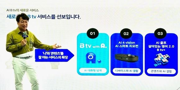 ▲김혁 SK브로드밴드 미디어CO 담당이 26일 서울 중구 본사에서 진행된 AI Btv 기자간담회에서 발표하고 있다. / 사진=SK브로드밴드 SK브로드밴드, AI 비서 에이닷과 B tv 결합