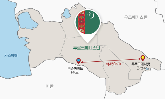 ▲투르크메나밧 미네랄비료 플랜트 위치도 / 사진=대우건설 대우건설, 투르크메니스탄 미네랄비료플랜트 낙찰자로 선정