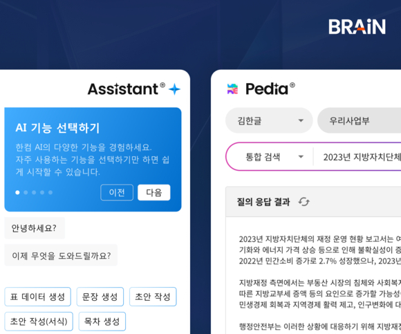 ▲한컴어시스턴트와 한컴피디아 화면 / 사진=한글과컴퓨터 한컴, AI 제품 3종 GS인증 1등급 획득