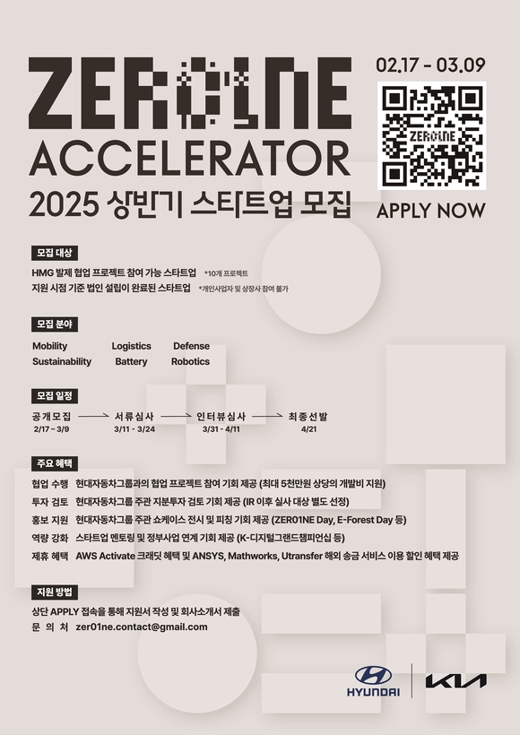 ▲현대자동차그룹 오픈이노베이션 플랫폼 ‘제로원 액셀러레이터’의 2025년 스타트업 공개 모집 안내 포스터 / 사진=현대자동차그룹 현대자동차그룹, 2025년 ‘제로원 액셀러레이터’ 스타트업 모집