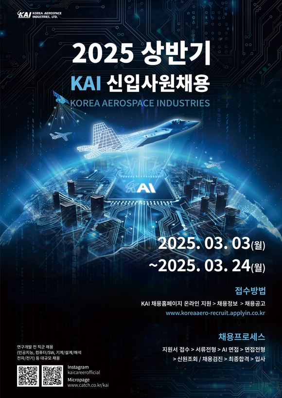▲2025 상반기 KAI 신입사원 공개채용 포스터 / 사진=한국항공우주(KAI) KAI, 2025 상반기 신입사원 채용..미래사업 인재 확보 총력