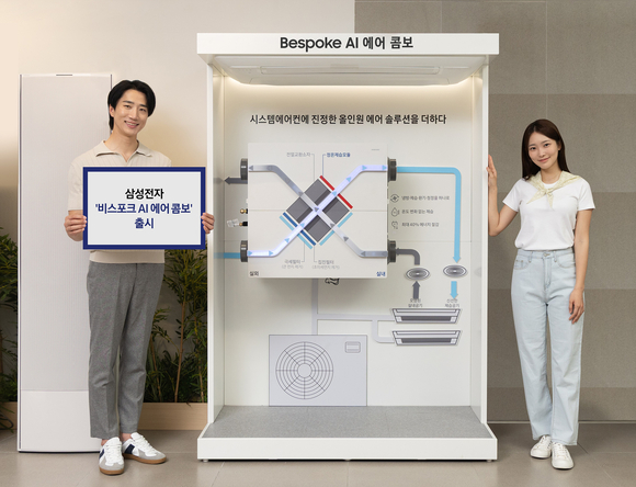 ▲삼성전자 모델이 공조시스템 '비스포크 AI 에어 콤보'의 작동 원리를 소개하고 있다. / 사진=삼성전자 삼성전자, 습기 빨아들이는 비스포크 AI 에어 콤보 선보여